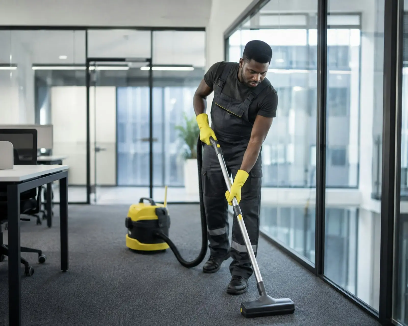 Cleaner in gloves vacuuming an office floor