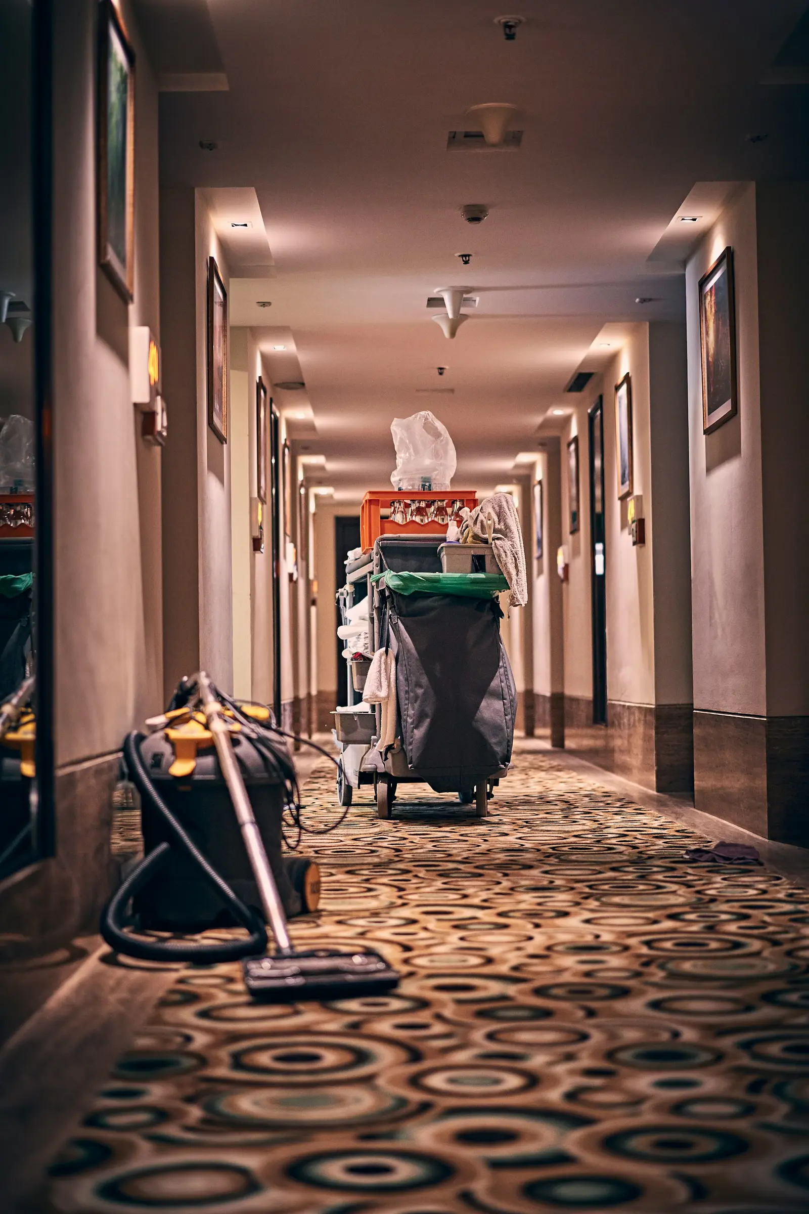 Housekeeping cart with linen in a corridor
